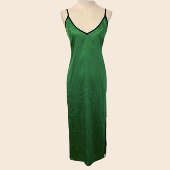 Kelly Green Floral Satin Midi Dress with Black Trim Size Small / Medium - Picture 1 of 13